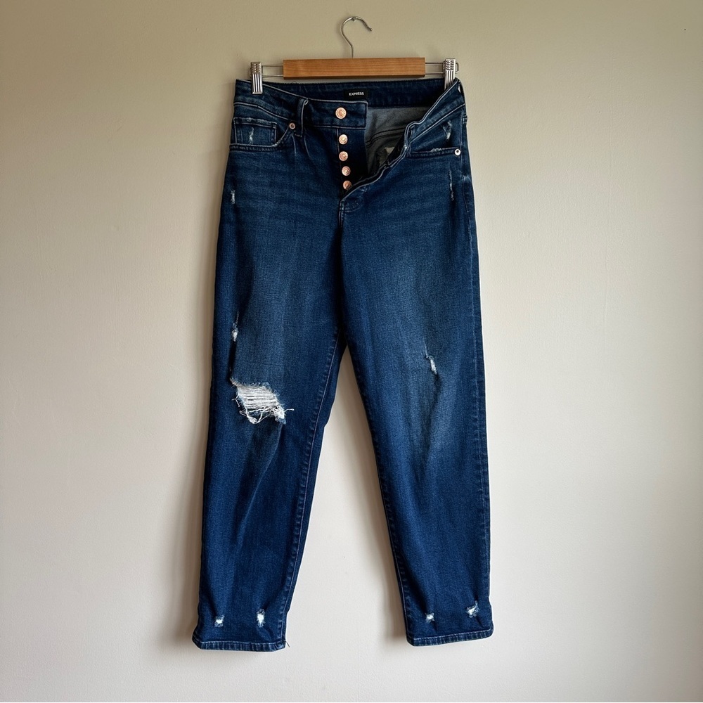 Express Boyfriend Mid Rise Button Front Distressed Jeans 2